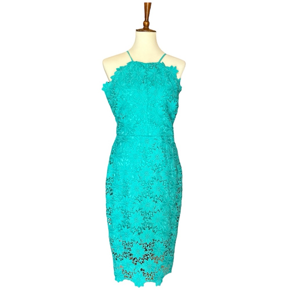 Bisou Bisou Michele Bohbot Teal Floral Lace Over Lining Halter Dress Size 10
